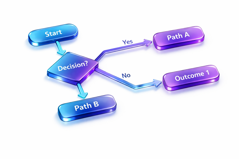 Abstract 3D interconnected flowchart representing different UK visa routes and sponsorship paths