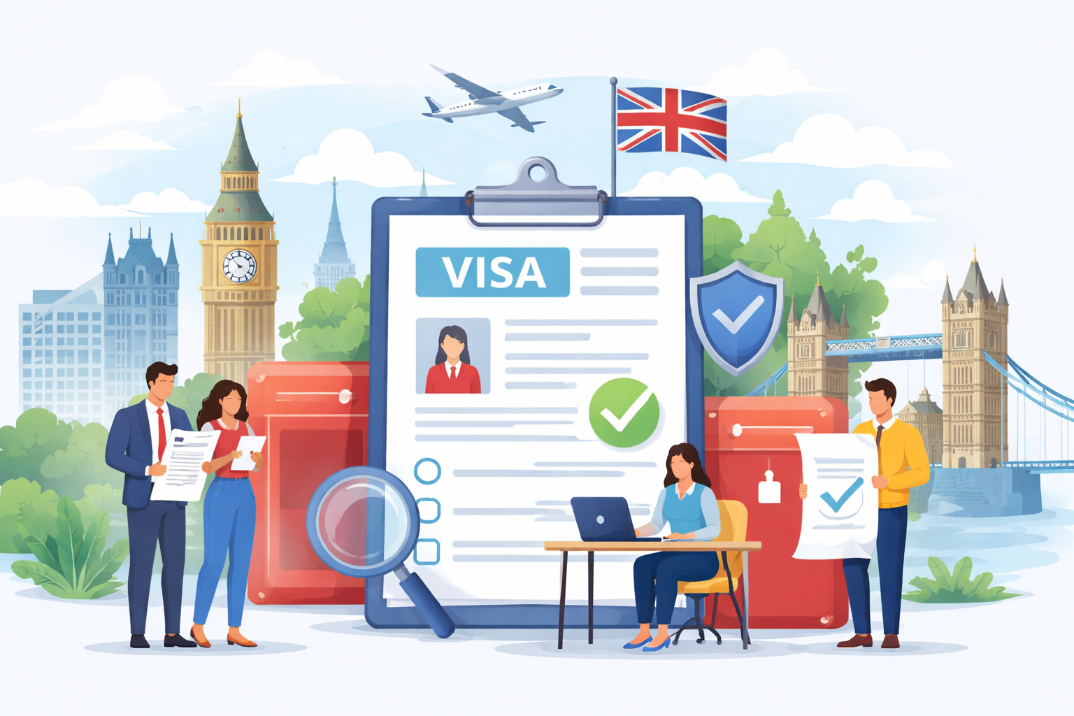 Illustration showing UK visa sponsorship process with applicants, approved visa document, UK landmarks and travel elements representing skilled worker migration to the United Kingdom in 2026
